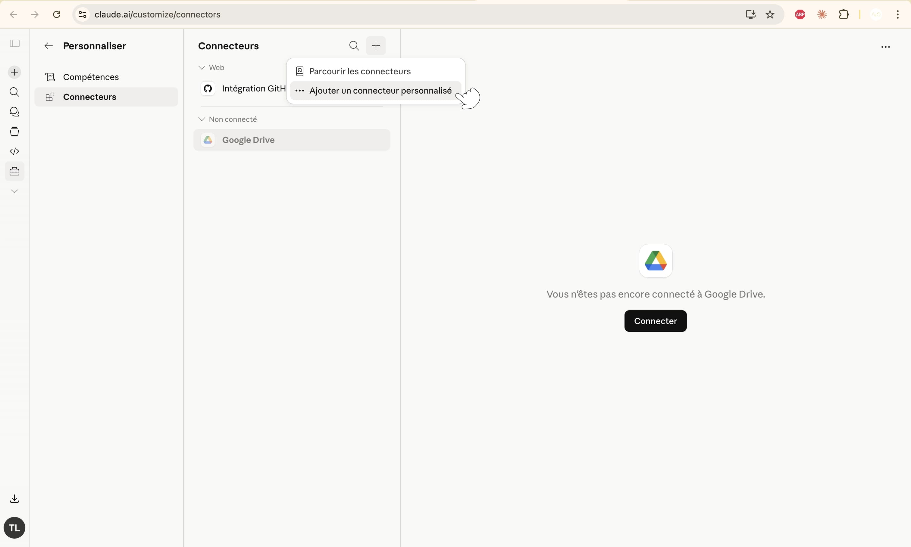 Claude — Add custom connector menu